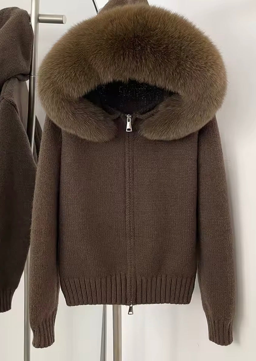 Fox fur hooded cardigan