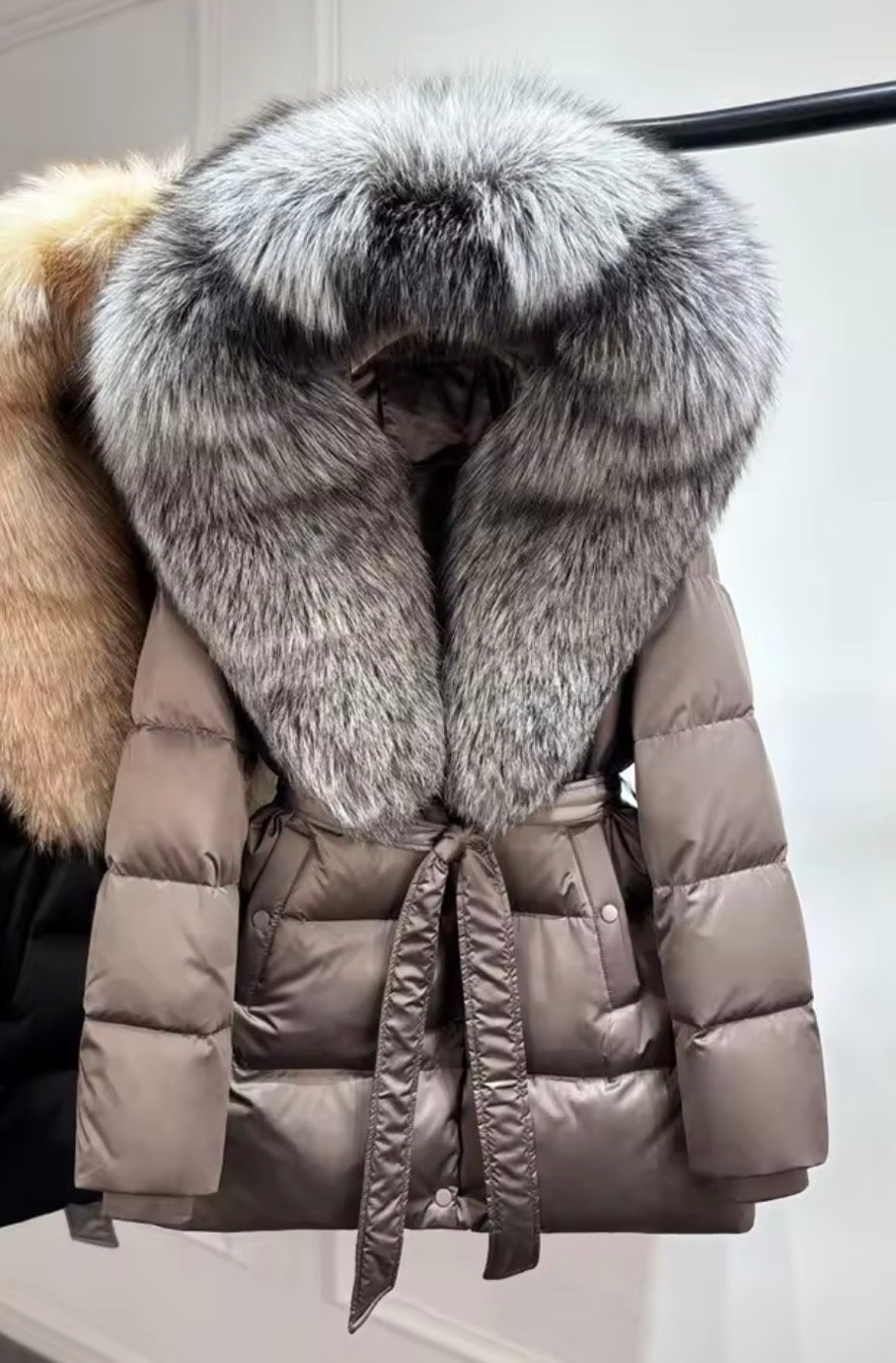 Fox fur collar puffer coat with belt
