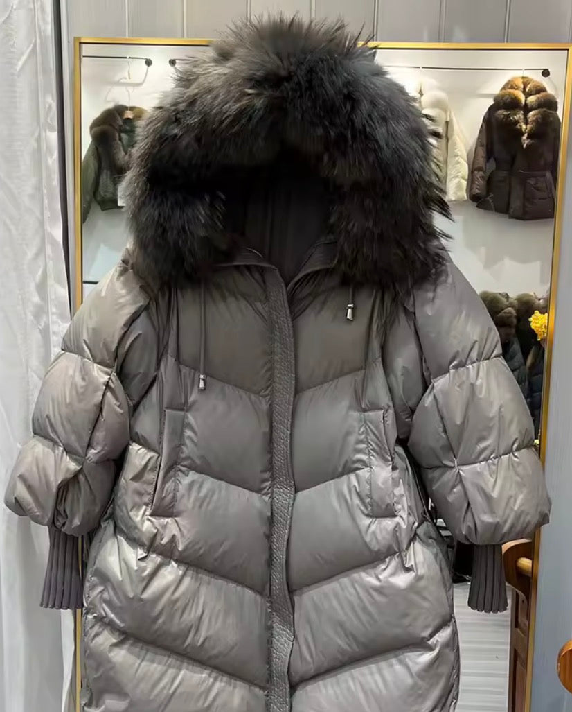 Raccoon fur long puffer coat