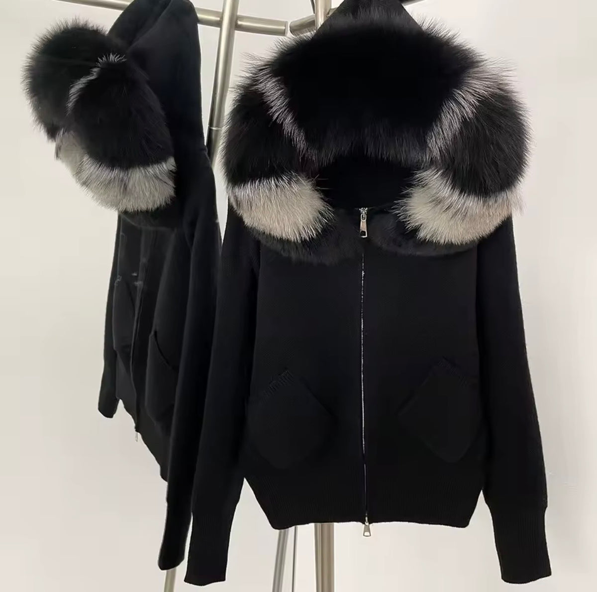 Fox fur hooded cardigan with pockets