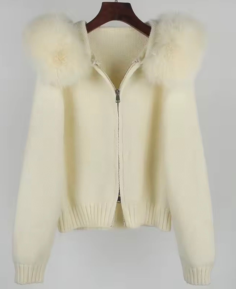 Fox fur hooded cardigan