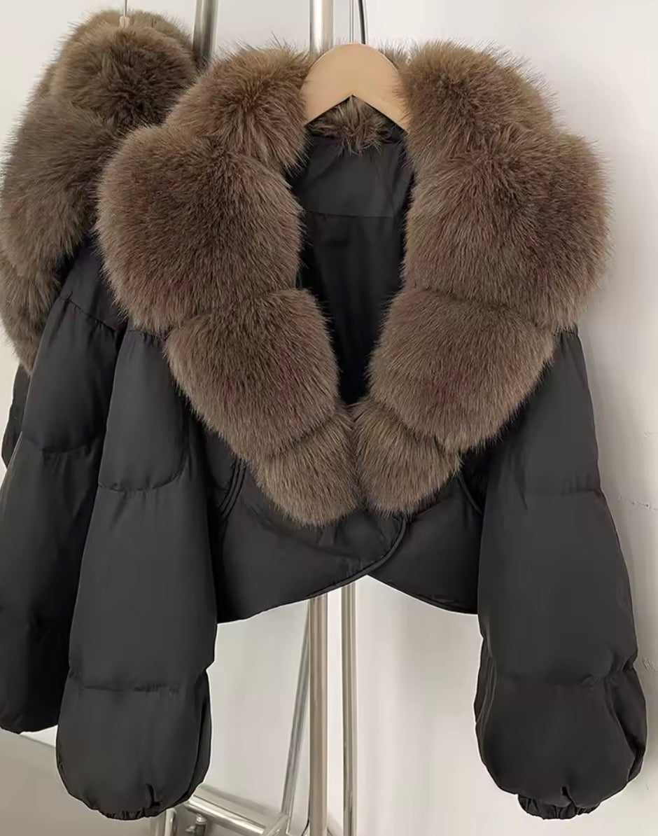 Faux fur collar cropped jacket