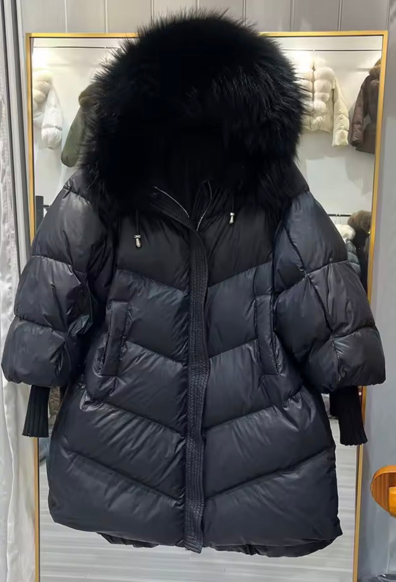 Raccoon fur long puffer coat