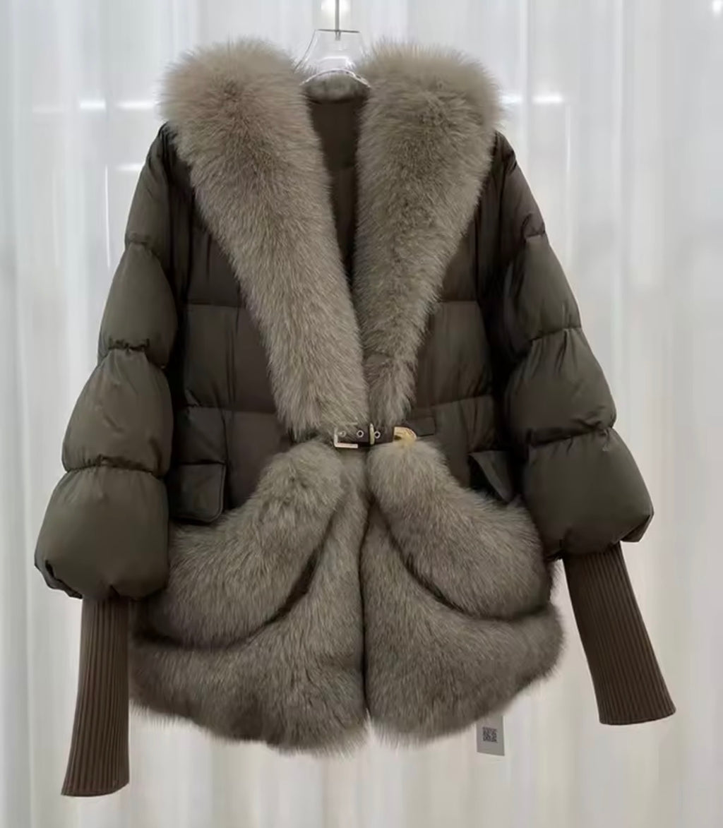 Goose down jacket with fox fur collar