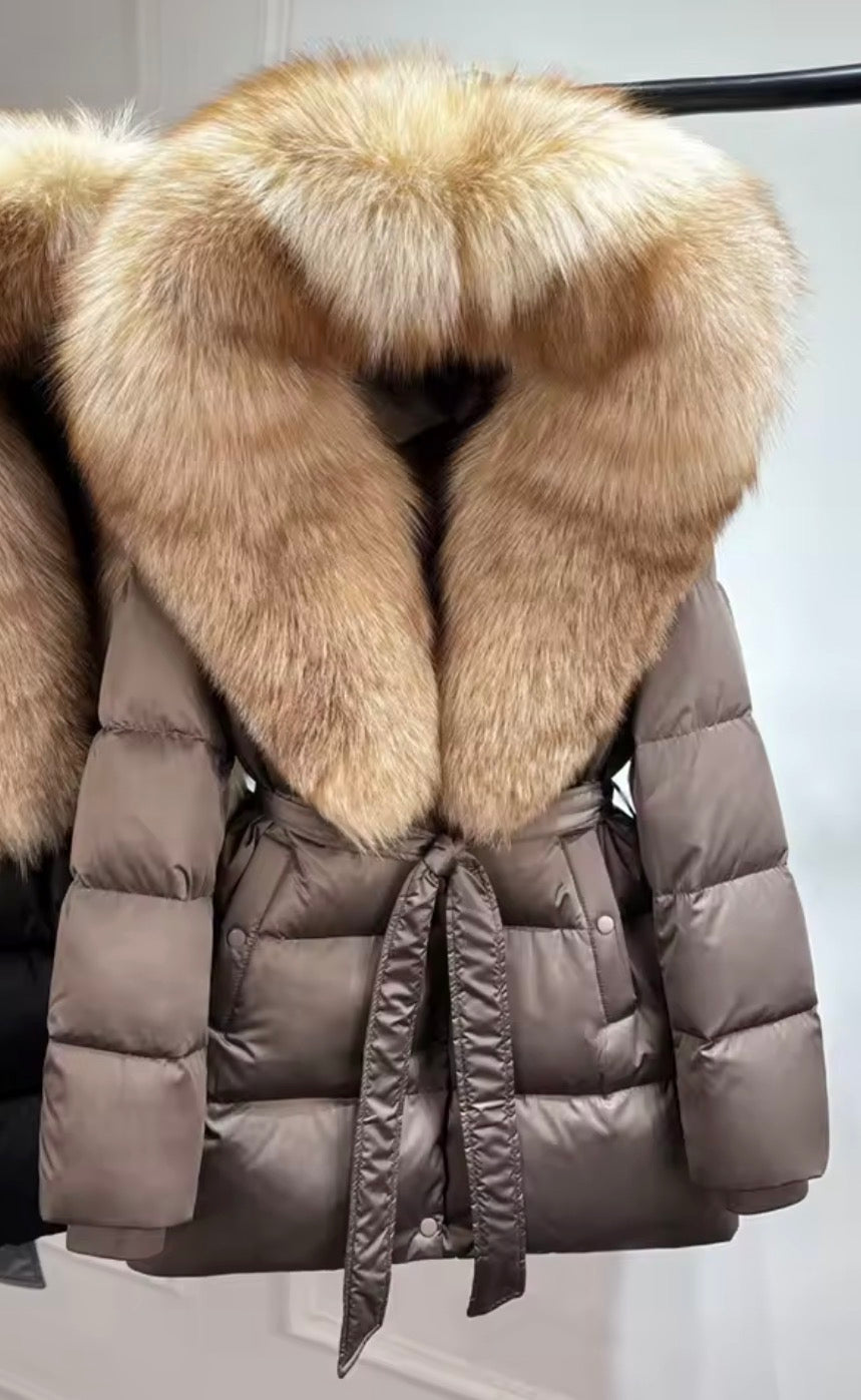 Fox fur collar puffer coat with belt
