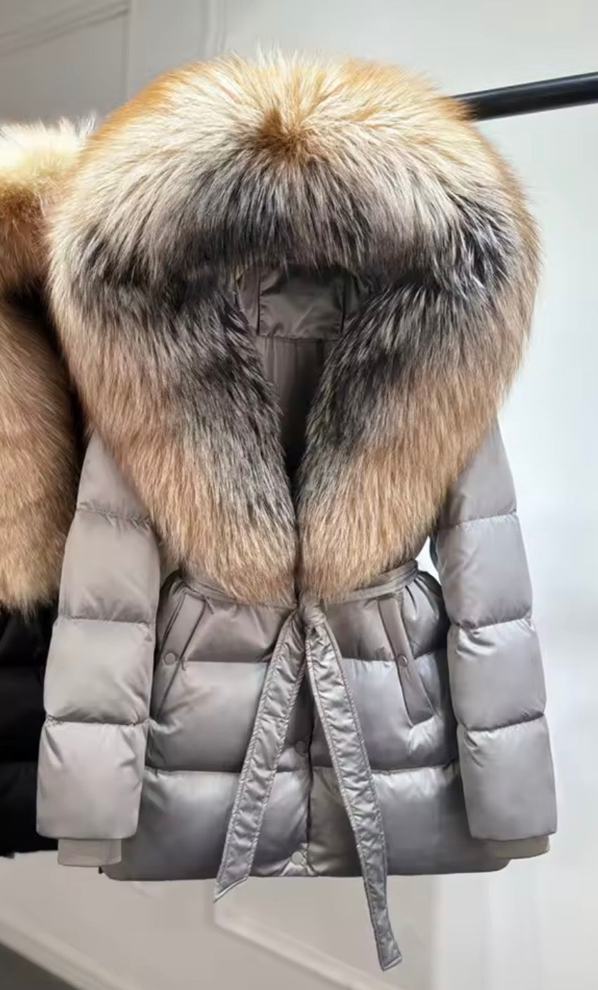 Fox fur collar puffer coat with belt