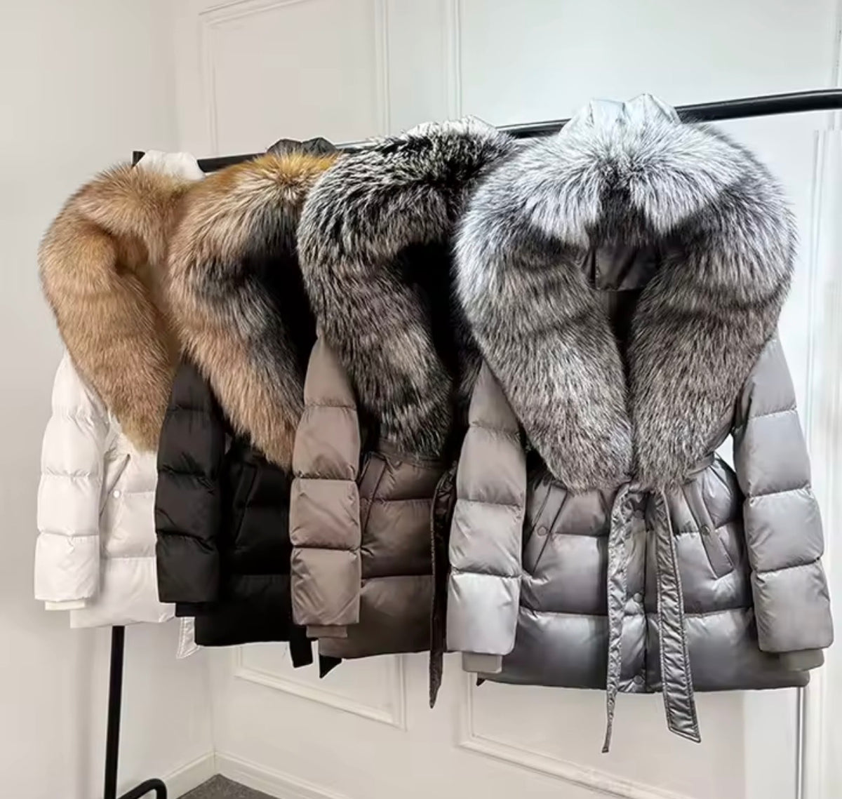 Fox fur collar puffer coat with belt