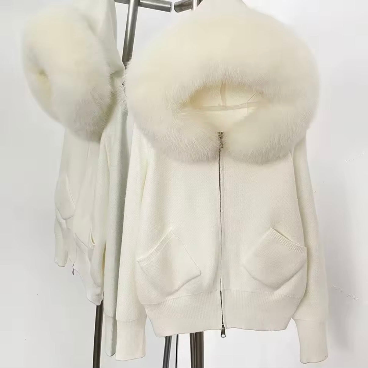 Fox fur hooded cardigan with pockets