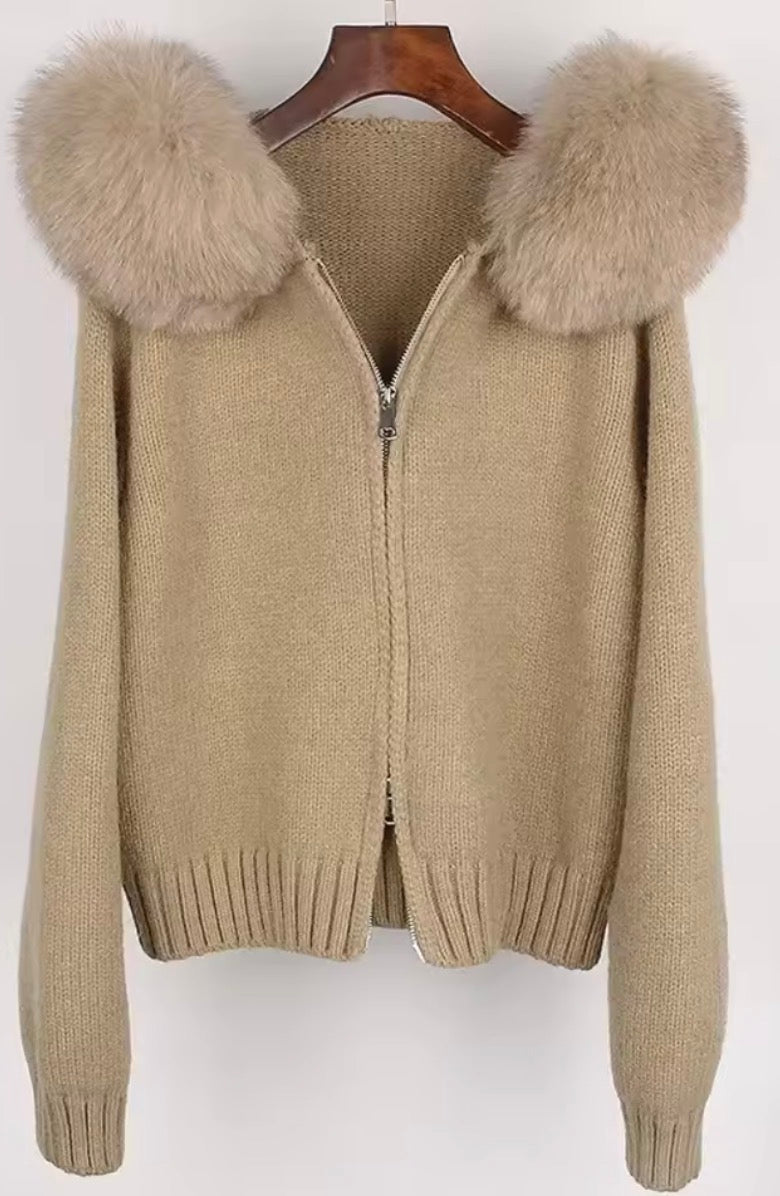 Fox fur hooded cardigan