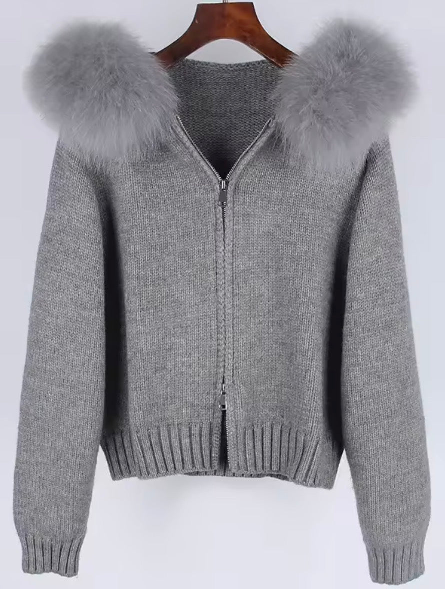 Fox fur hooded cardigan