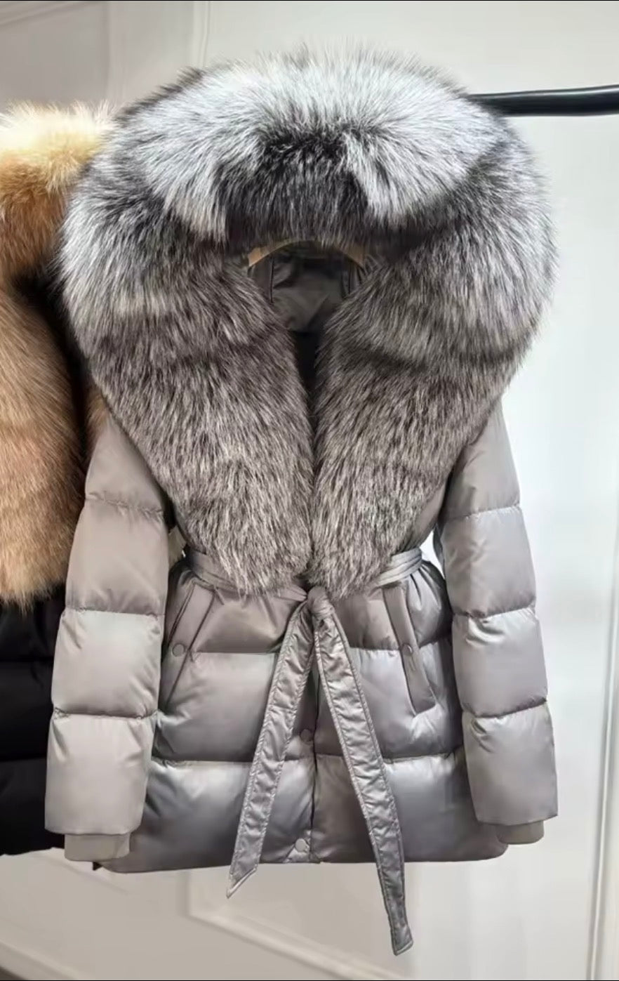 Fox fur collar puffer coat with belt