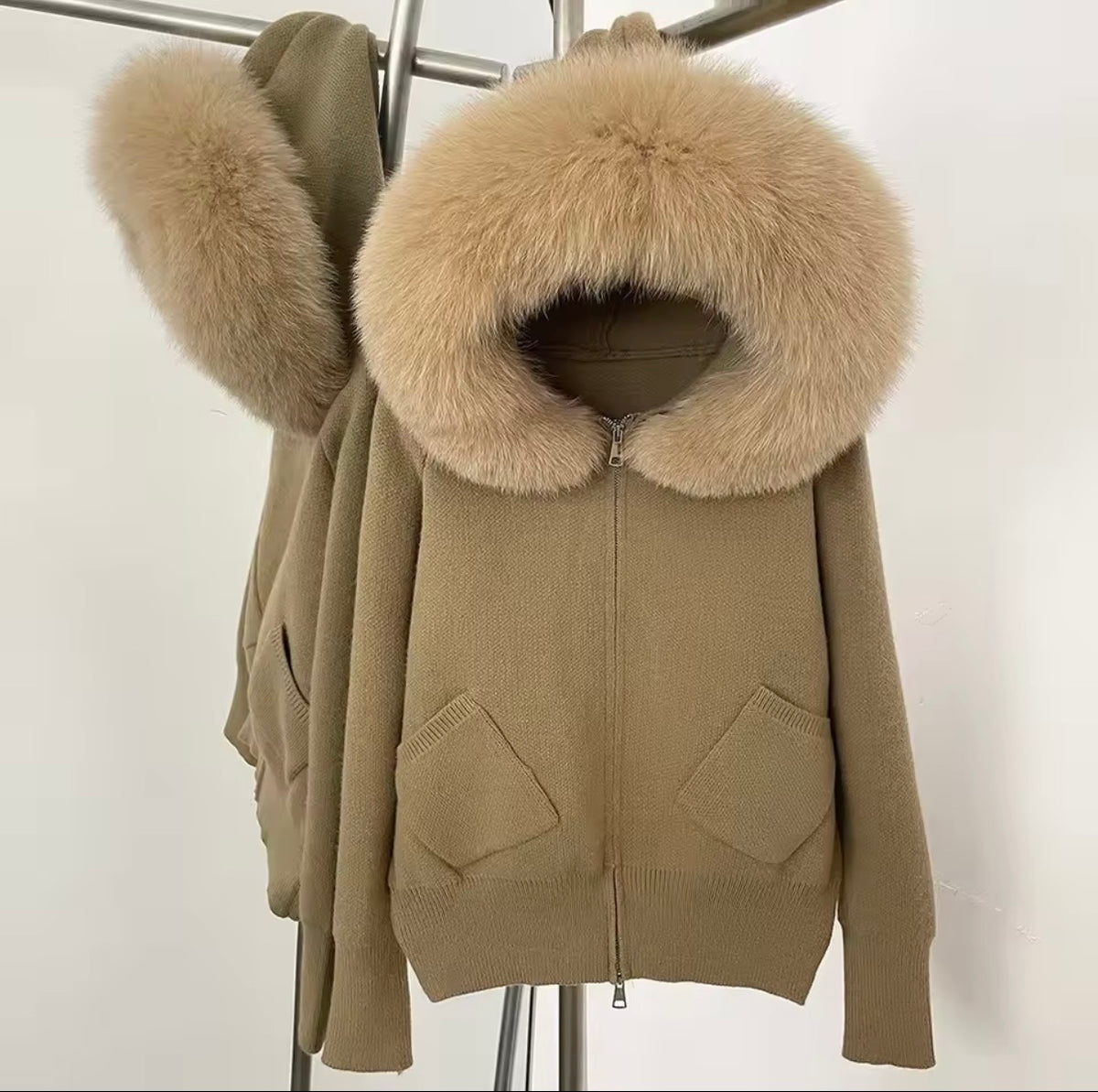 Fox fur hooded cardigan with pockets