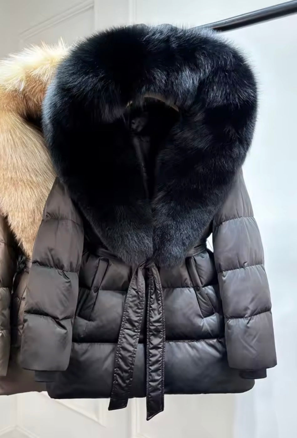 Fox fur collar puffer coat with belt