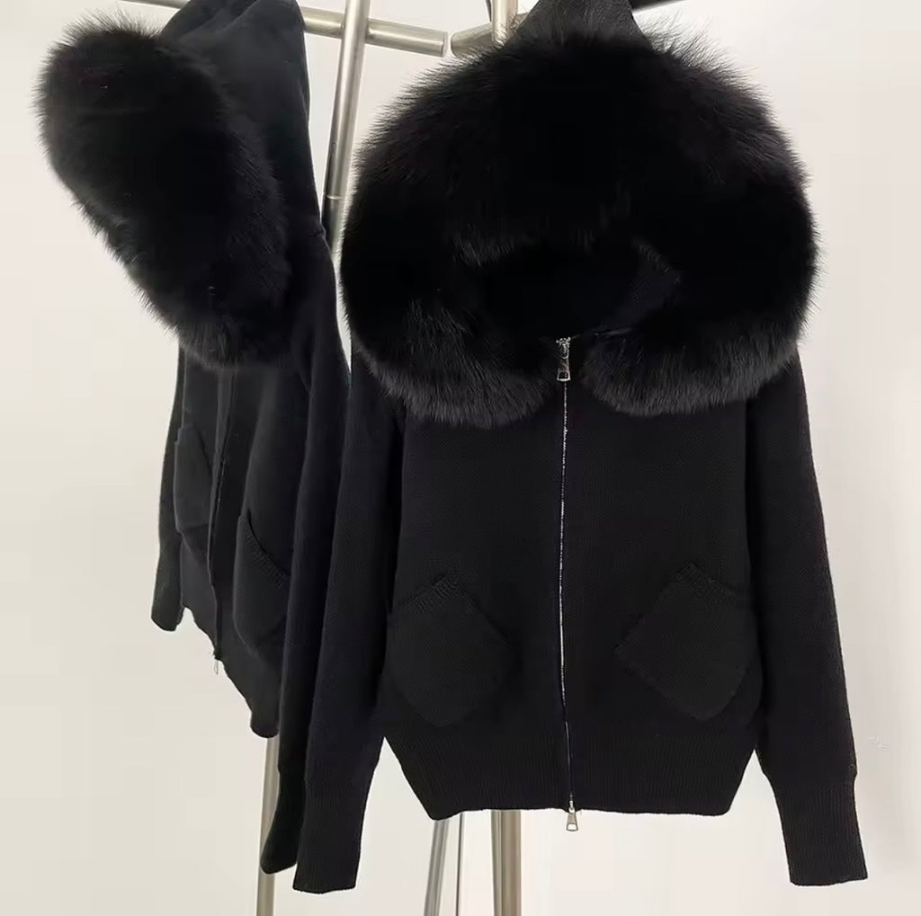 Fox fur hooded cardigan with pockets