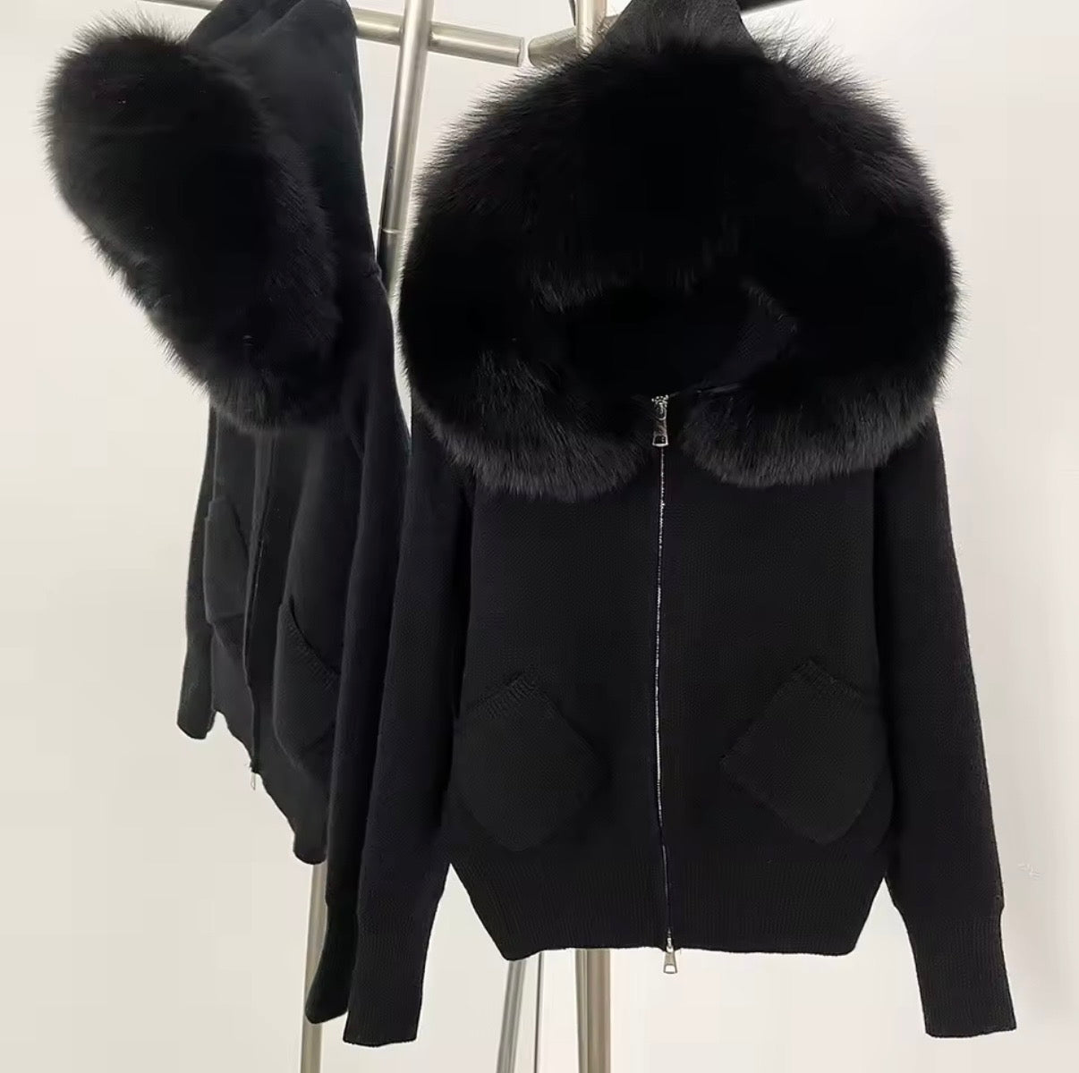 Fox fur hooded cardigan with pockets