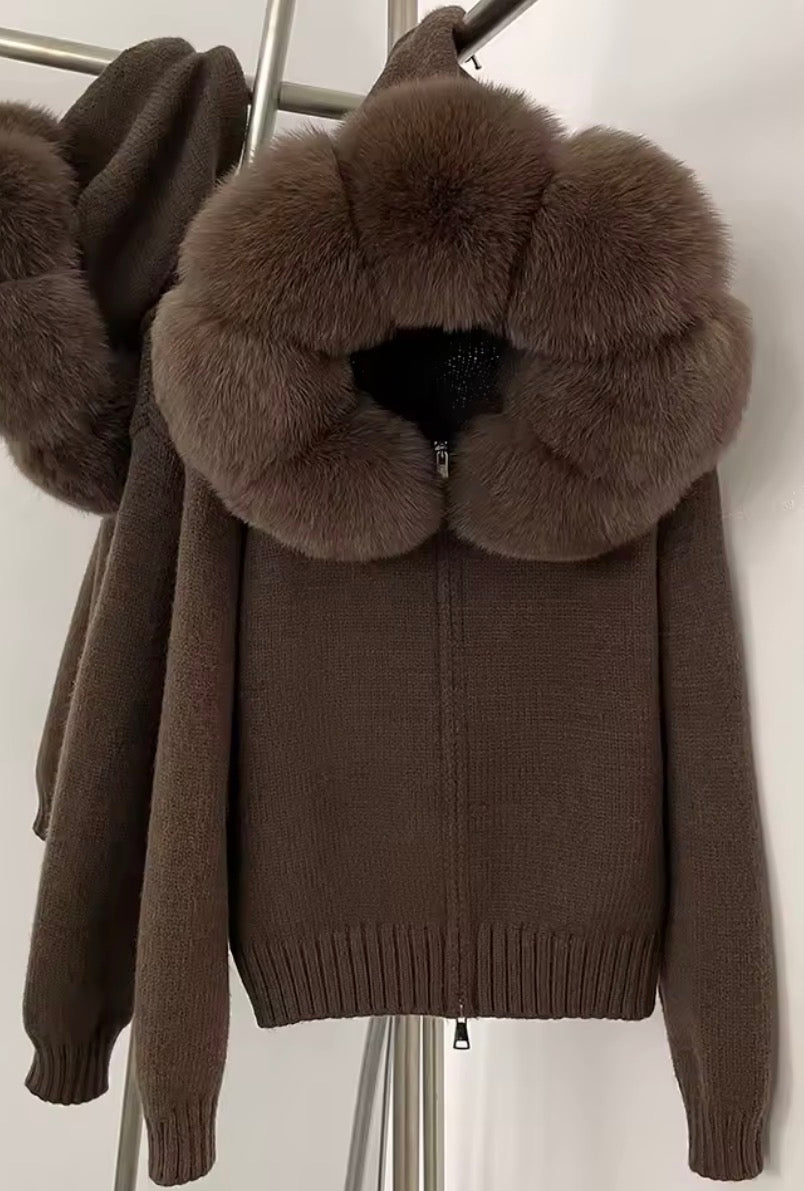 Fox fur hooded cardigan