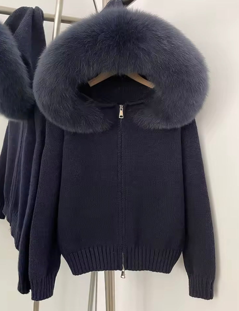 Fox fur hooded cardigan