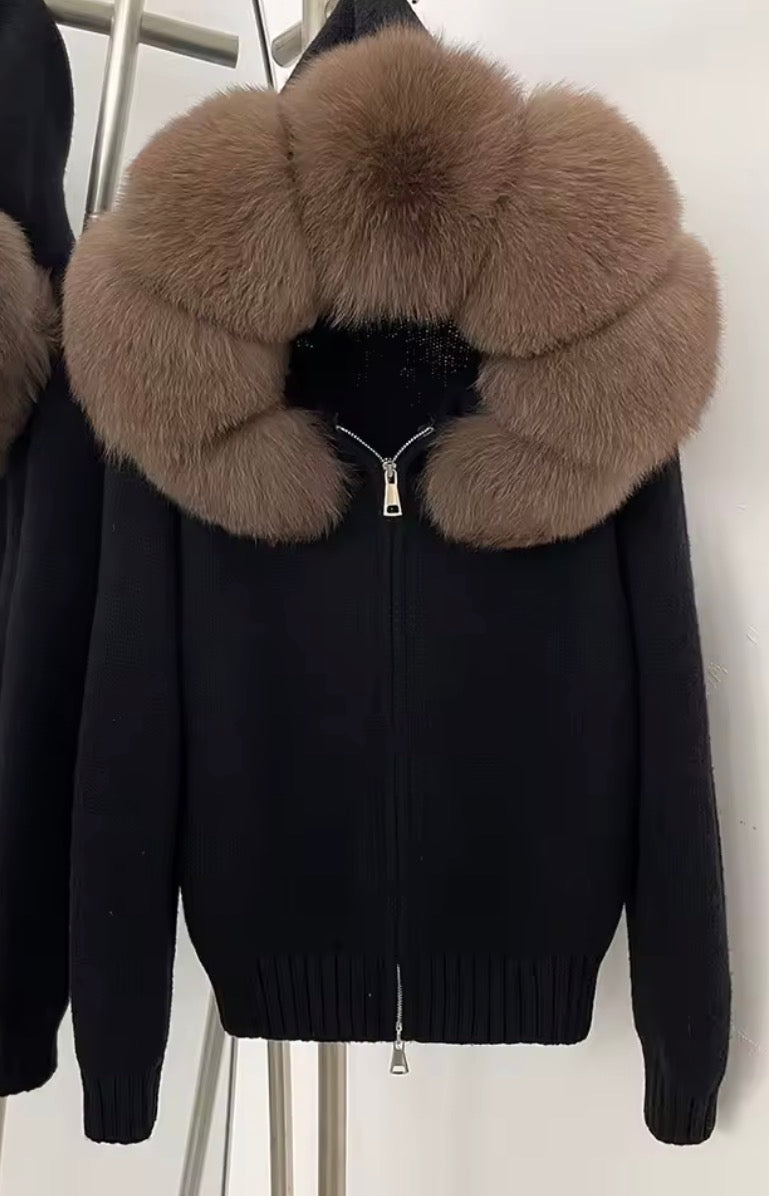Fox fur hooded cardigan