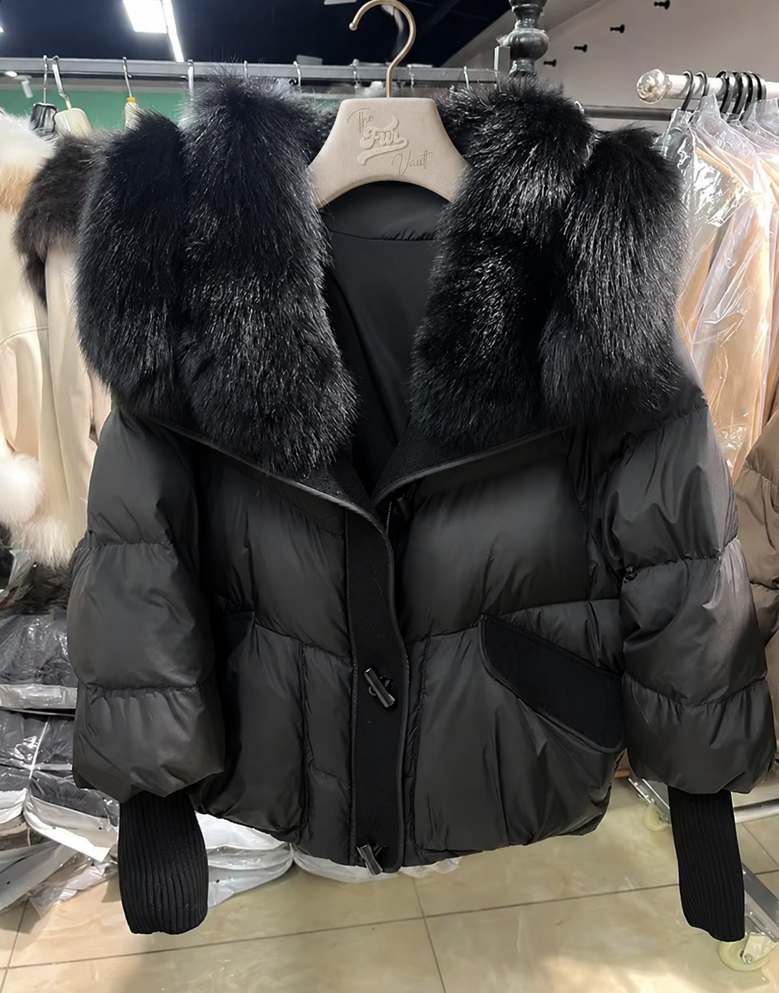 Fox fur collar puffer coat