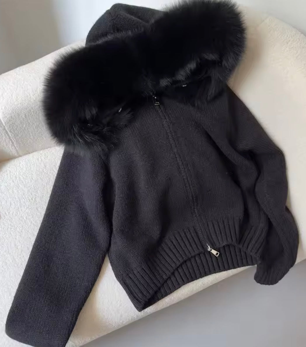 Fox fur hooded cardigan