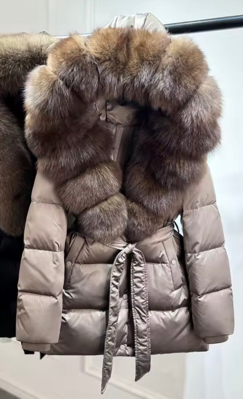 Fox fur collar puffer coat with belt