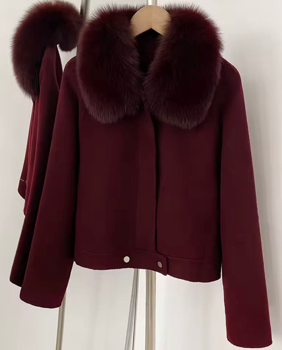 Women 100% wool jacket with fox fur collar