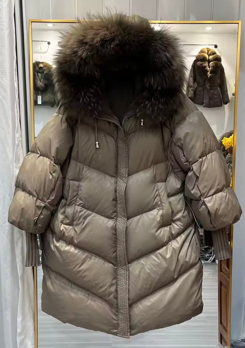 Raccoon fur long puffer coat