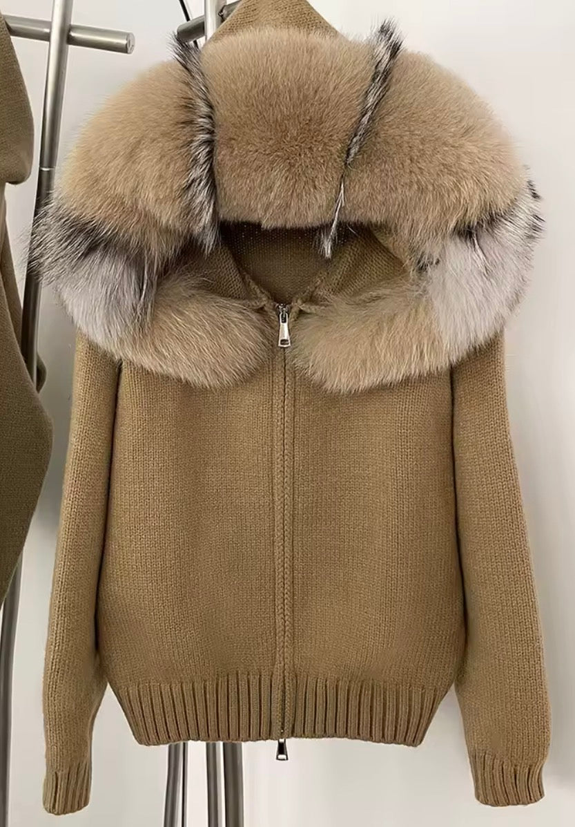 Fox fur hooded cardigan