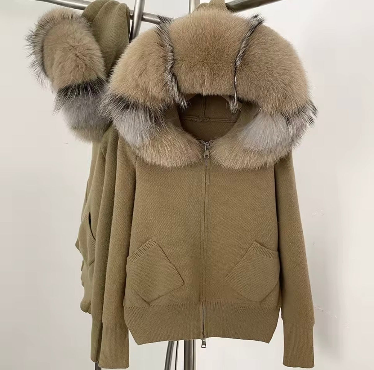 Fox fur hooded cardigan with pockets