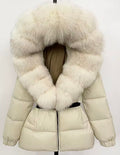 Bubble fox fur belted puffer coat
