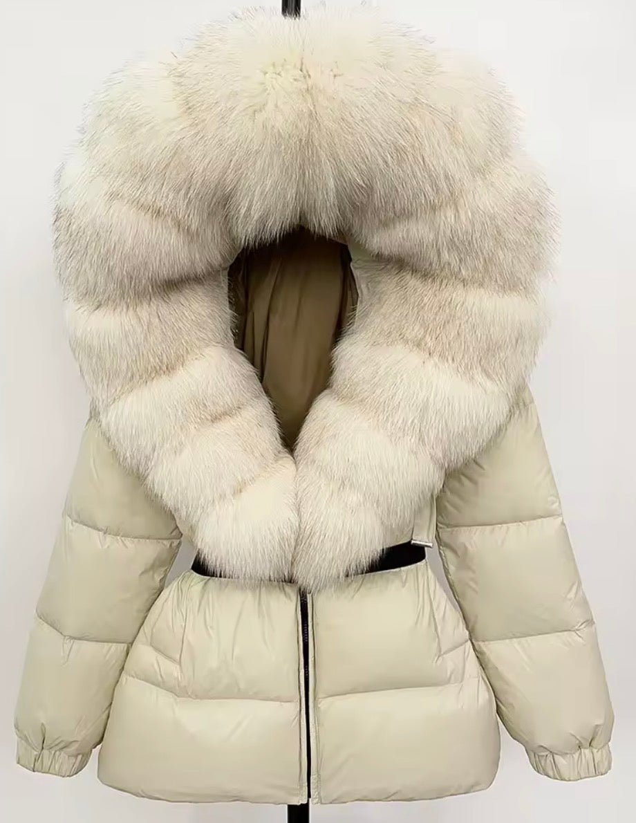 Bubble fox fur belted puffer coat