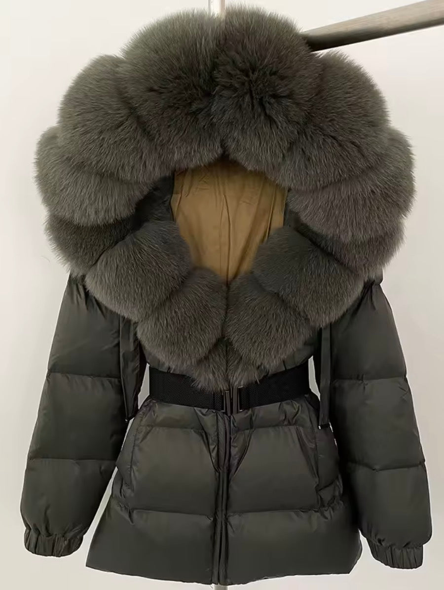 Bubble fox fur belted puffer coat