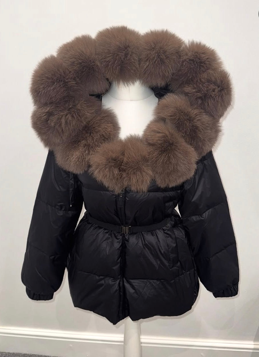 Bubble fox fur belted puffer coat