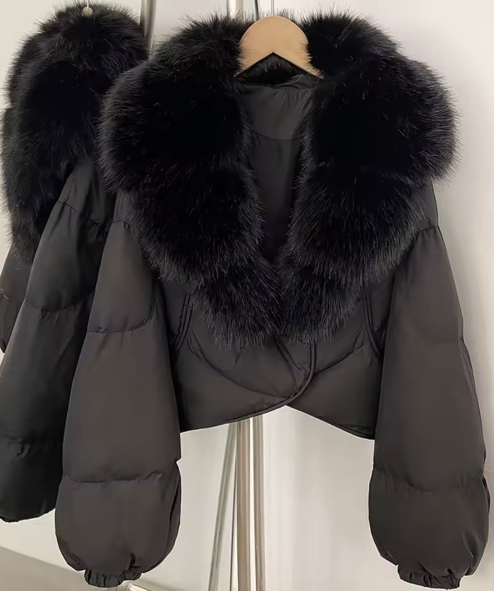 Faux fur collar cropped jacket