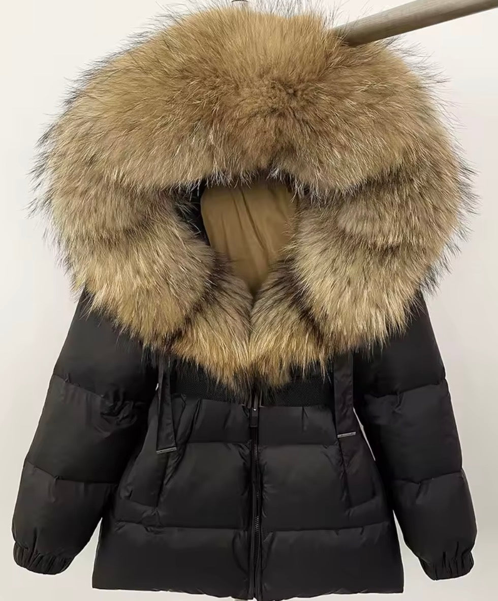 Bubble fox fur belted puffer coat