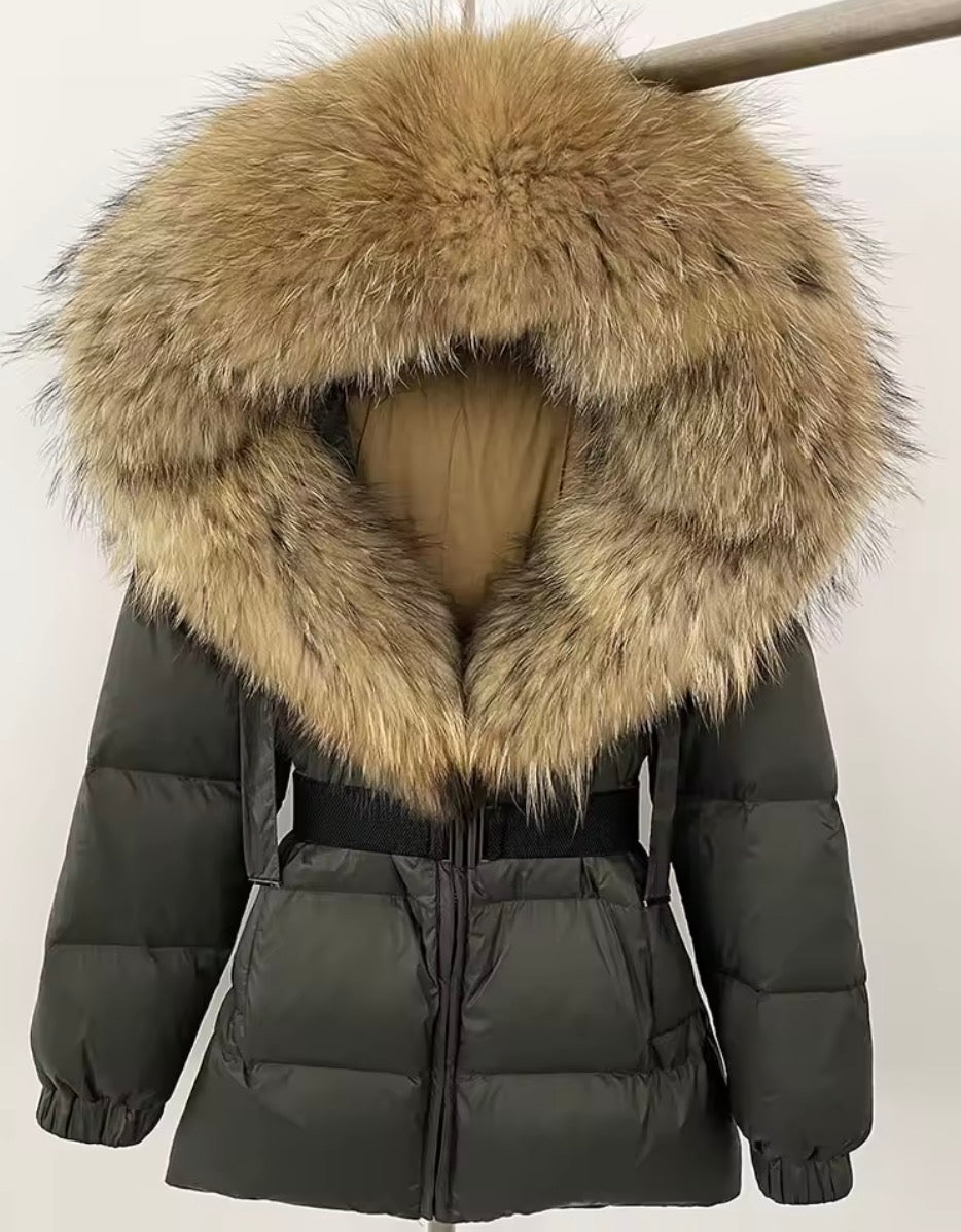 Bubble fox fur belted puffer coat