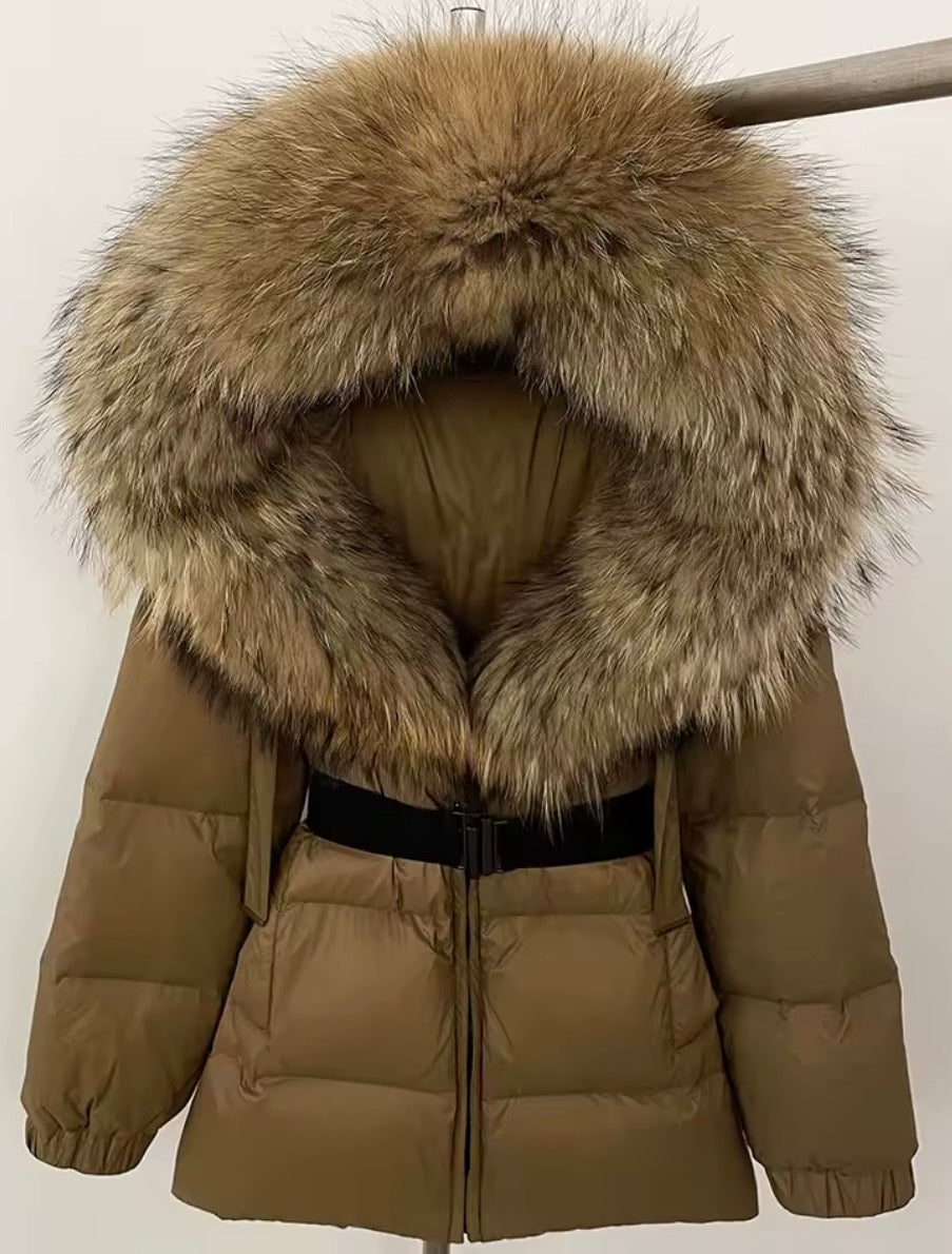 Bubble fox fur belted puffer coat