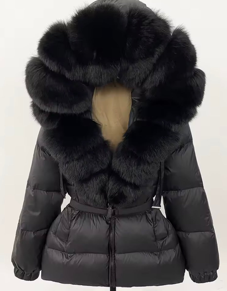 Bubble fox fur belted puffer coat